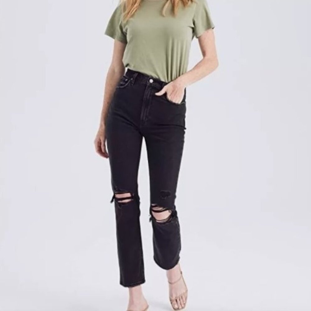 Abercrombie & Fitch Ankle Straight Ultra High Rise Distressed Black Jean sz30